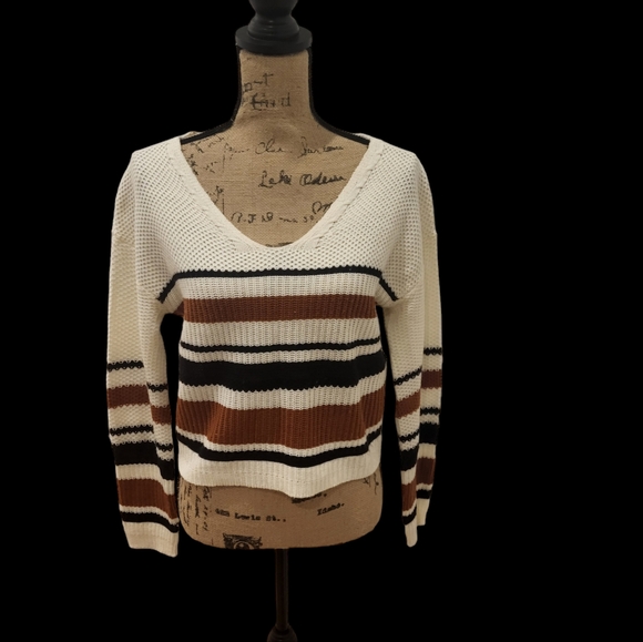 Windsor Sweaters - Windsor orange, black, white striped corset back long sleeve v neck sweater s